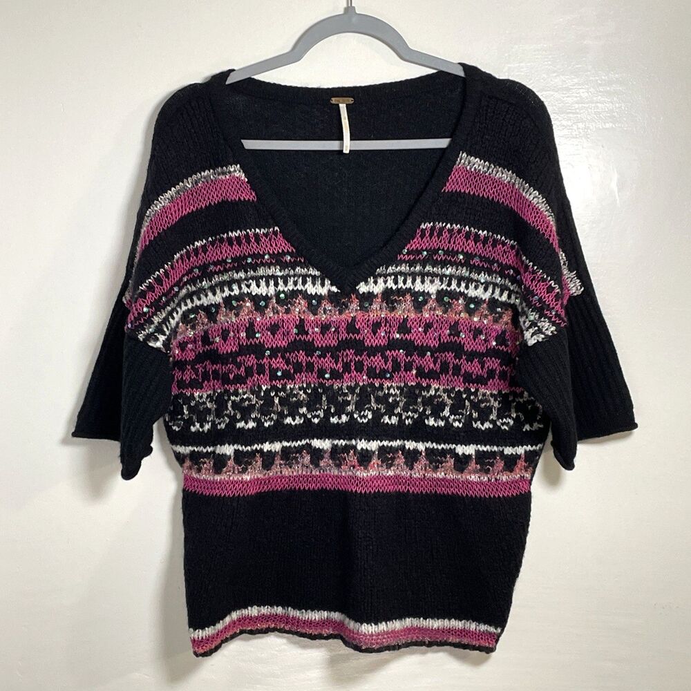 Free People Women's Wool Blend Sweater Size Medium V-Neck Black Pink Boho